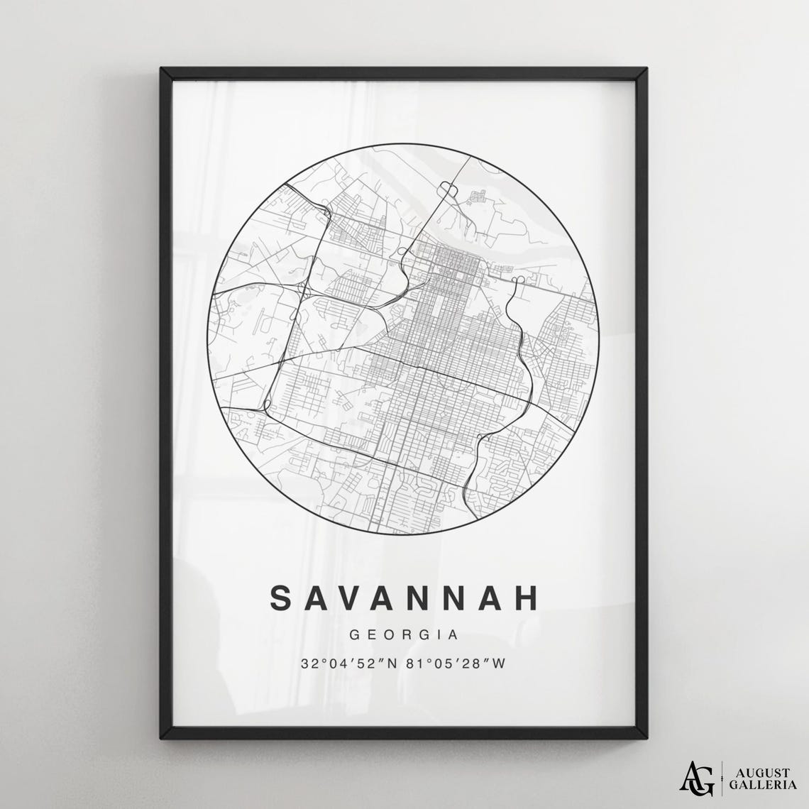 Savannah Georgia Circular Minimalist Black White City Map Poster