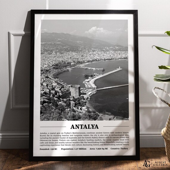 Antalya Turkey Black And White Skyline City Print With Key Facts