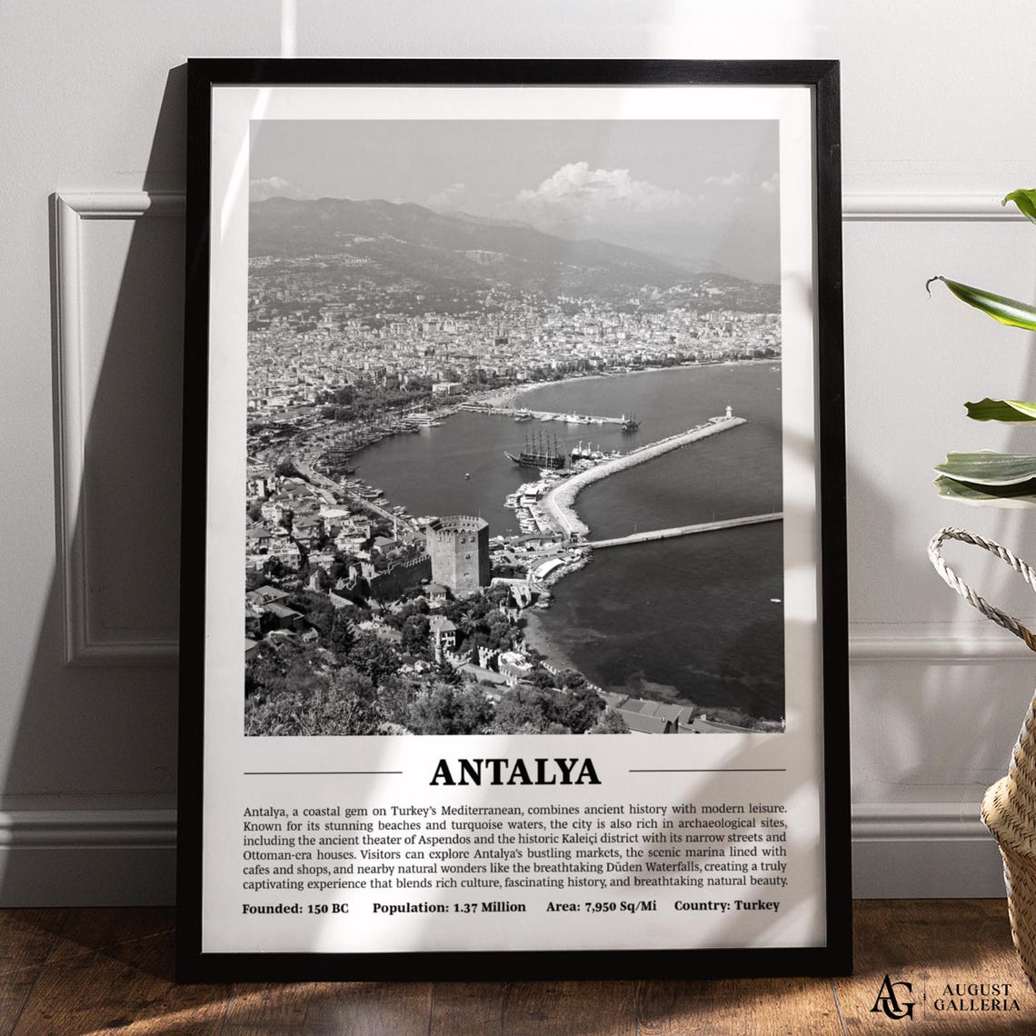 Antalya Turkey Black And White Skyline City Print With Key Facts