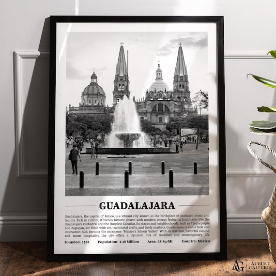 Guadalajara Cathedral Fountain Black White Mexico City Poster