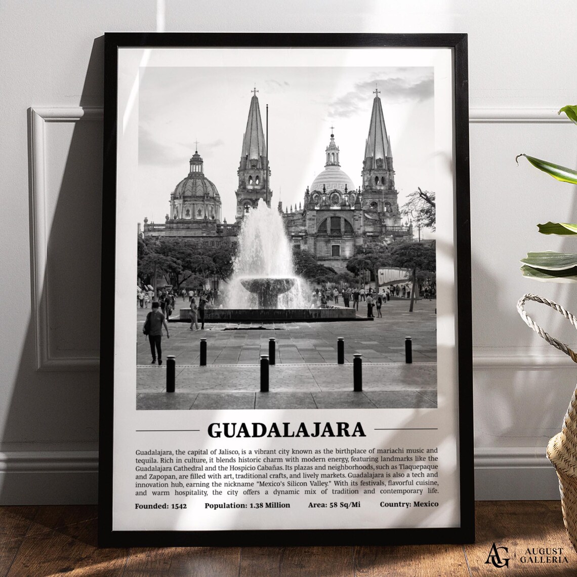 Guadalajara Cathedral Fountain Black White Mexico City Poster