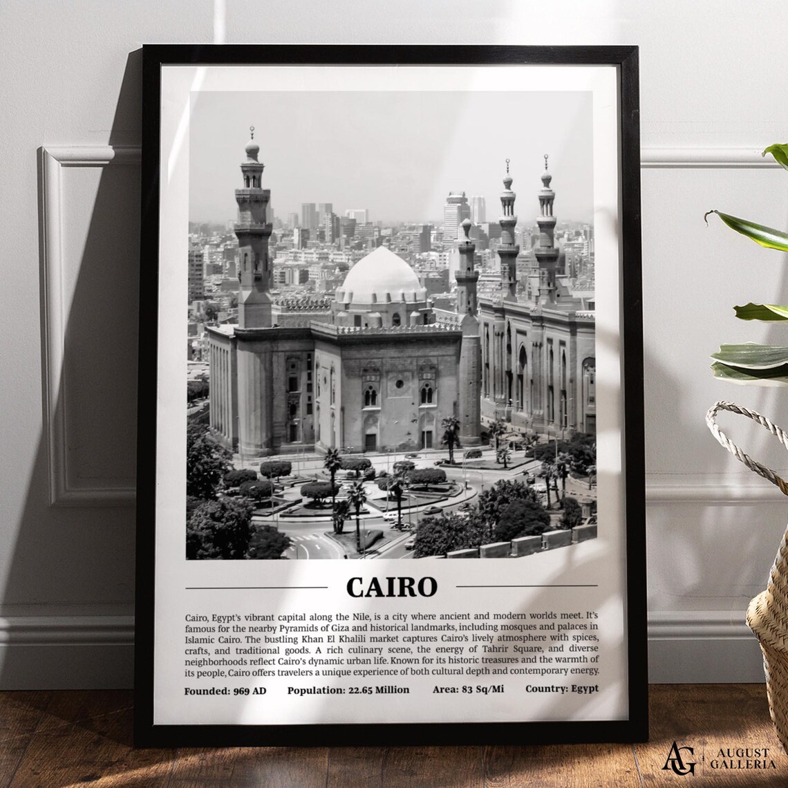 Cairo Mosque Domes and Minarets Black and White City Travel Poster