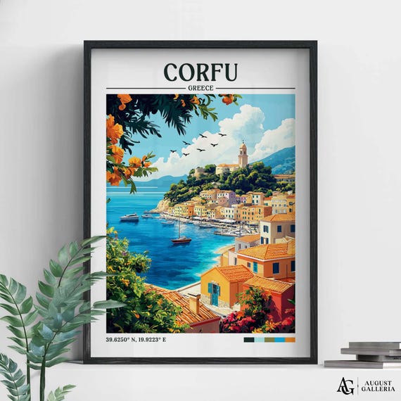 Corfu Greece Retro Travel Print Wanderlust Posters Illustration Wall Art Framed Prints Canvas Poster
