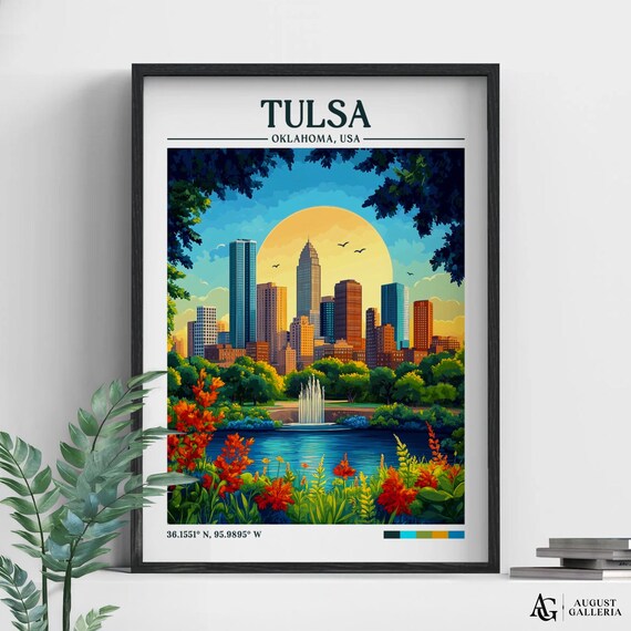 Tulsa Oklahoma Sunset Skyline Retro Travel Destination Poster
