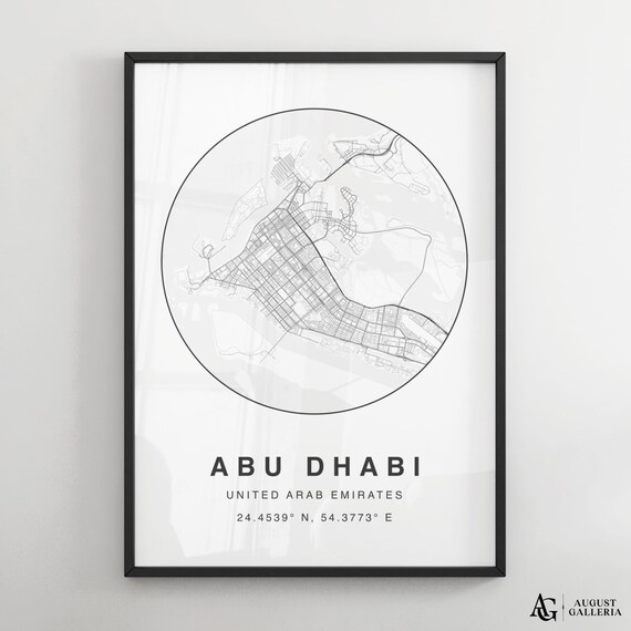 Abu Dhabi UAE Minimalist Black White Circular Street Map Poster