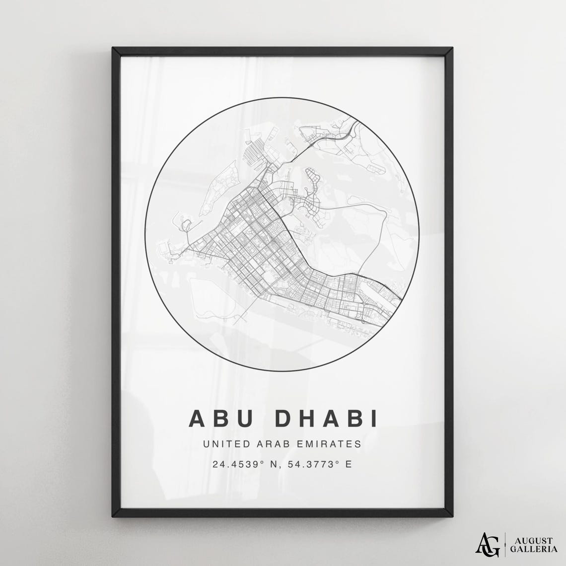 Abu Dhabi UAE Minimalist Black White Circular Street Map Poster