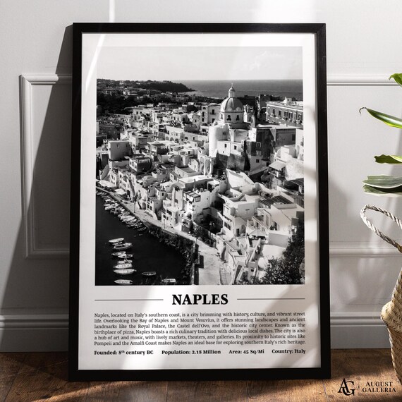 Naples Italy Black White Coastal City Bay Of Naples Seaside Town Poster