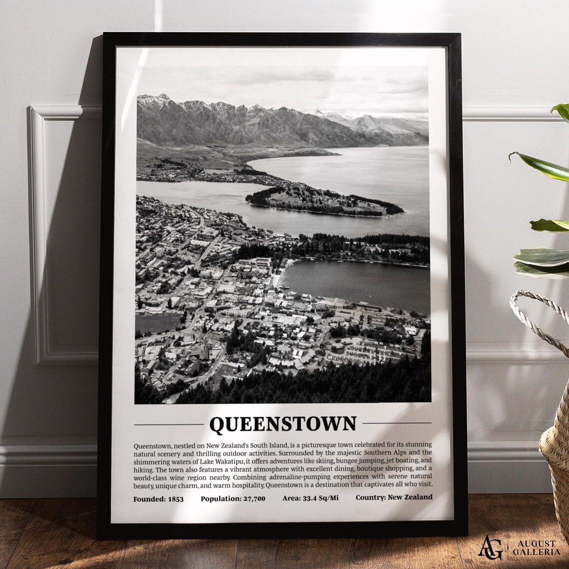 Queenstown New Zealand Black and White Lake Mountain Aerial Poster