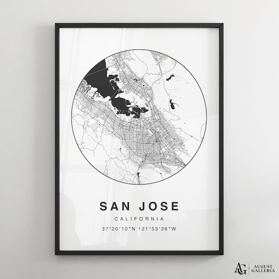 San Jose California Minimalist Black White Street Map Circle Poster