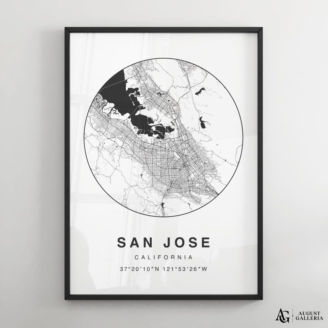 San Jose California Minimalist Black White Street Map Circle Poster
