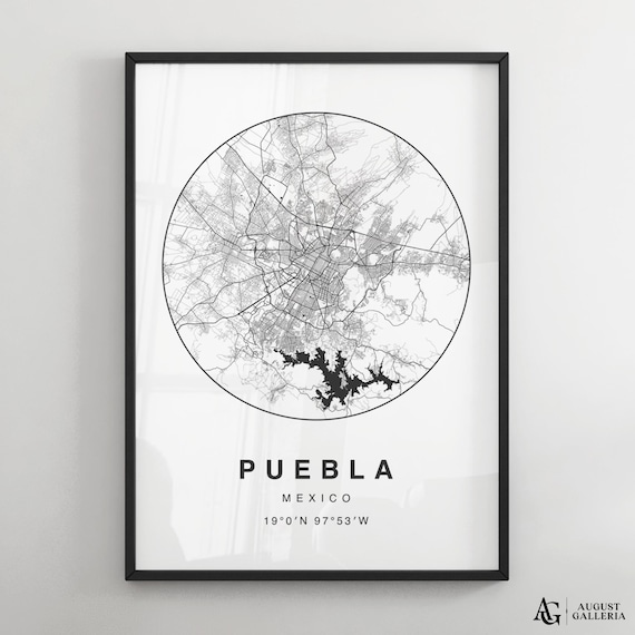 Puebla Mexico Circular City Map Black And White Minimalist Poster