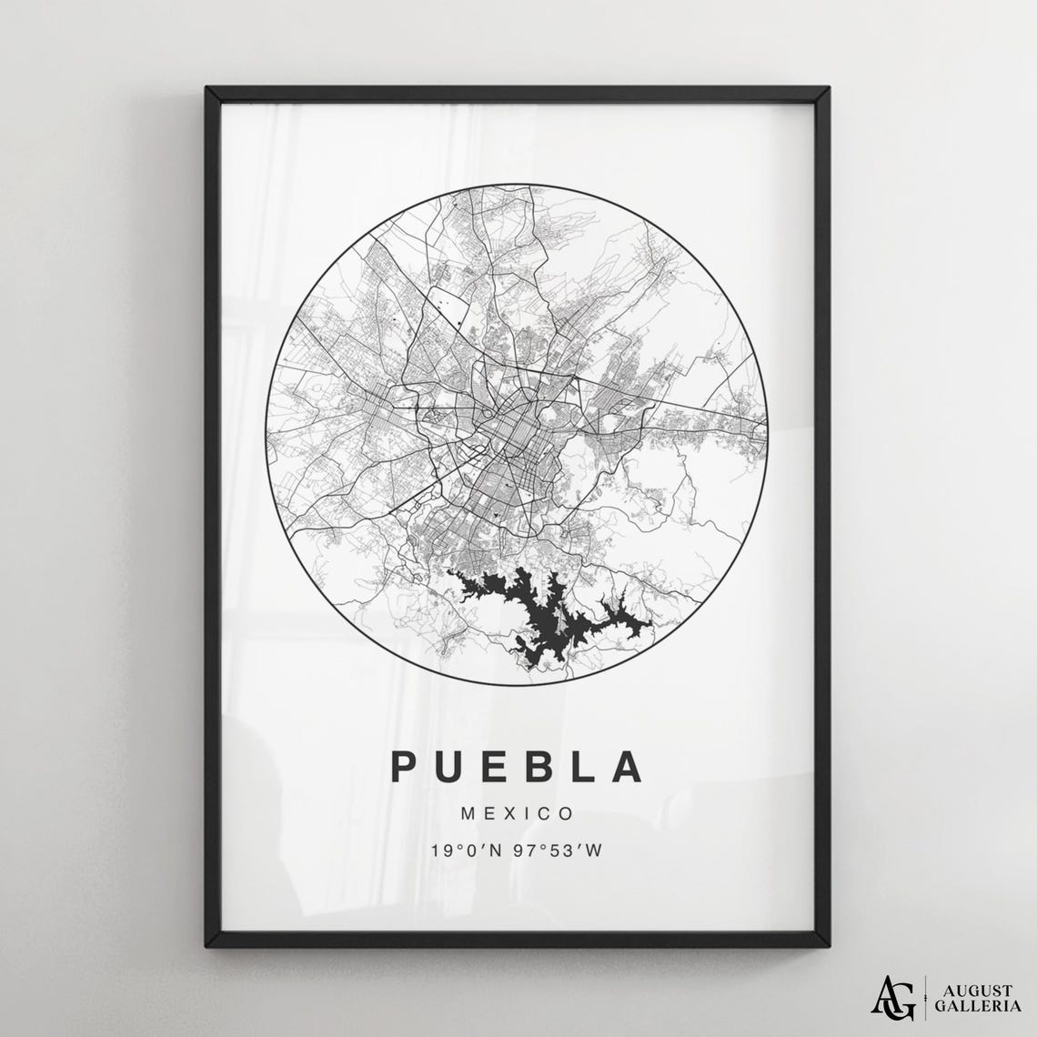 Puebla Mexico Circular City Map Black And White Minimalist Poster
