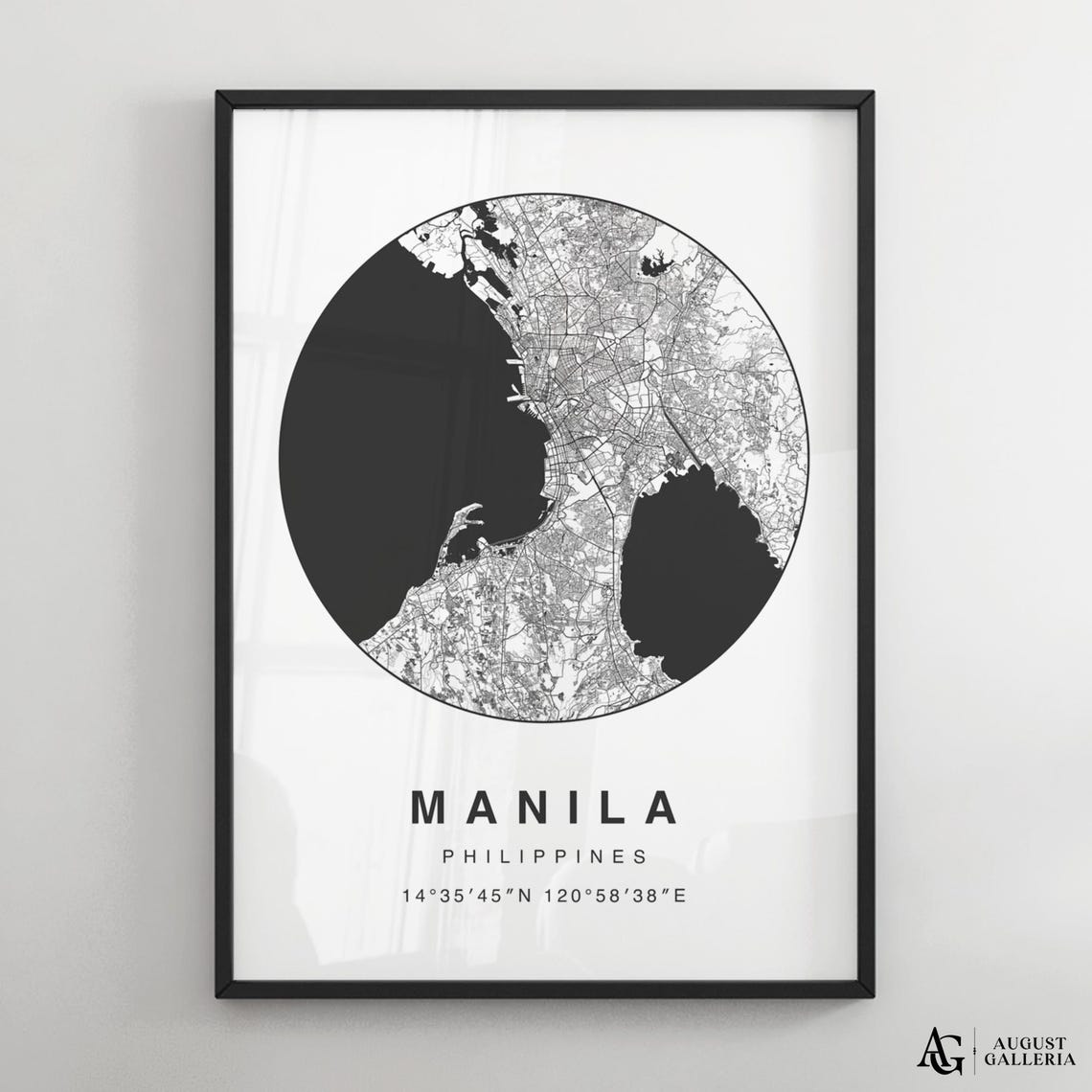 Manila Philippines Circular Minimalist Black White Map Poster