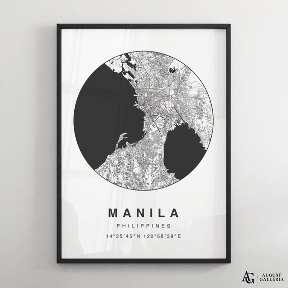 Manila Philippines Circular Minimalist Black White Map Poster