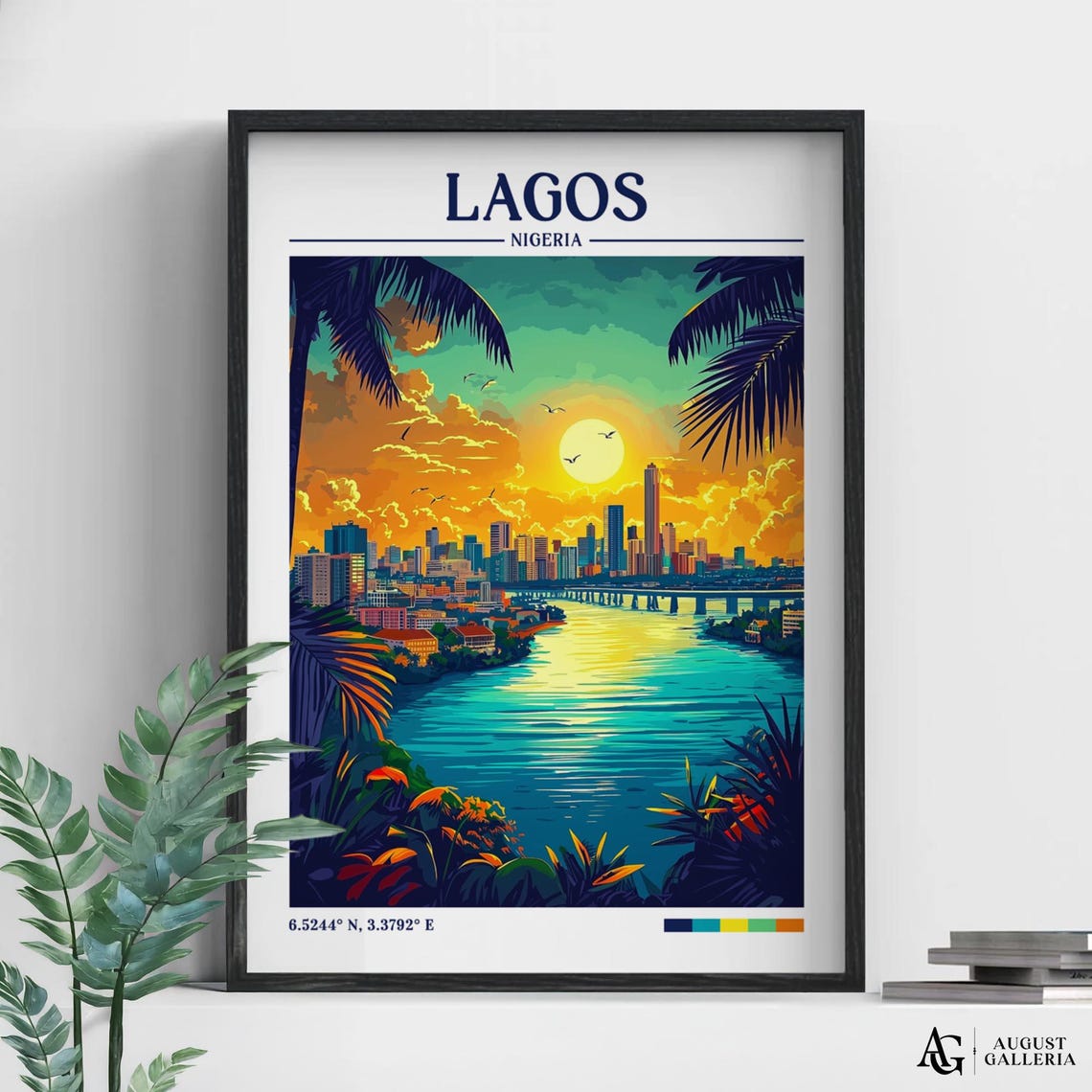 Lagos Nigeria Retro Travel Sunset Skyline River Scene Poster
