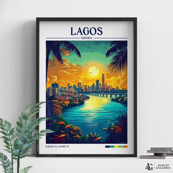 Lagos Nigeria Retro Travel Sunset Skyline River Scene Poster