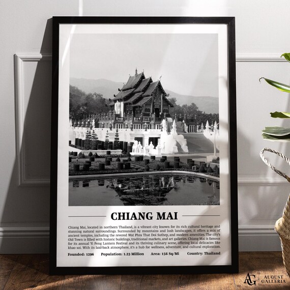 Chiang Mai Black And White Skyline Travel Poster Thailand Temple