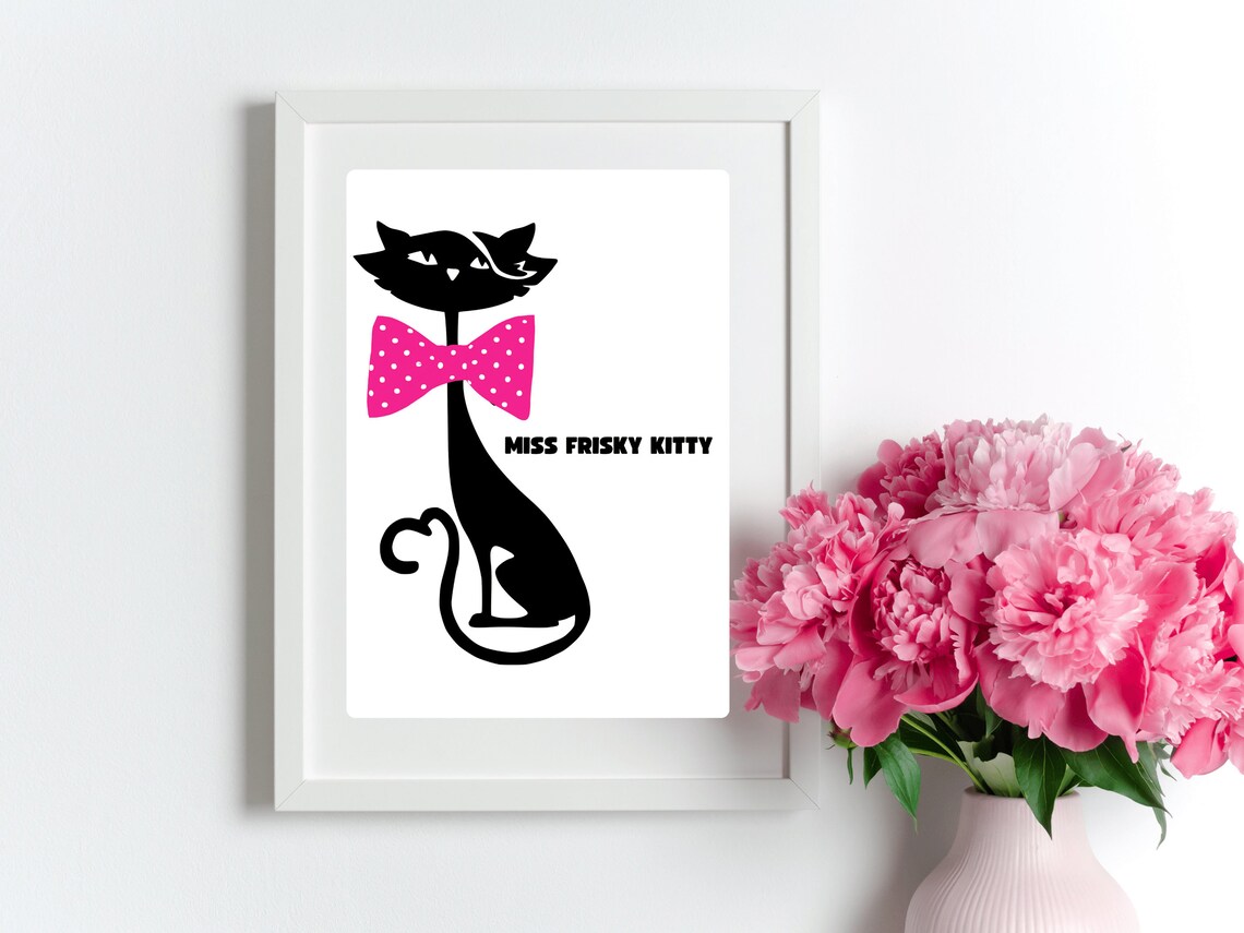 Miss Frisky Kitty Black Cat Pink Polka Dot Bow Tie Art Poster - Image 2