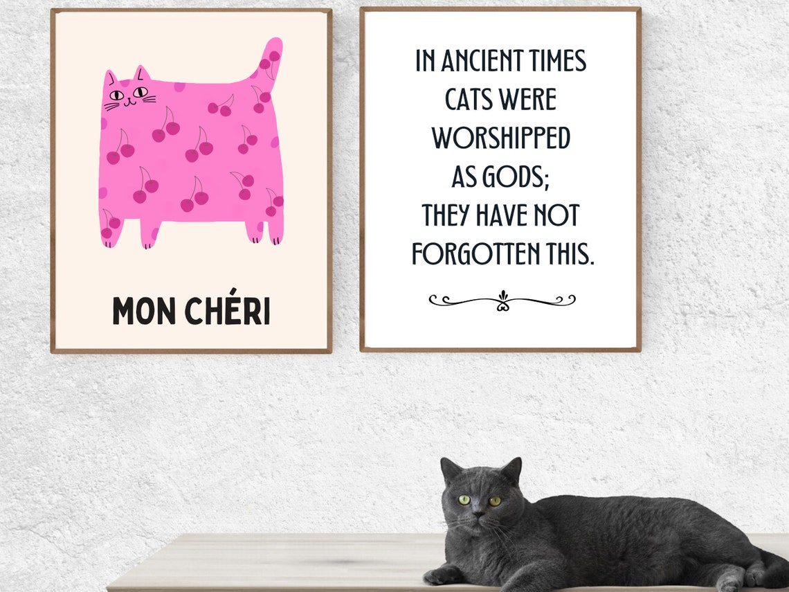 Mon Cheri Pink Chunky Cat Cherry Pattern French Kitty Poster - Image 2