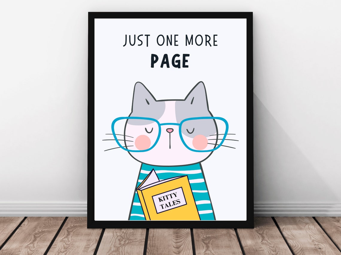Just One More Page Cute Cat Reading Glasses Kitty Tales Book Poster