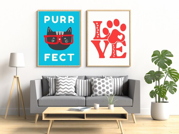 Purr Fect Cat Face And Love Paw Two Poster Pet Set Red Teal Art