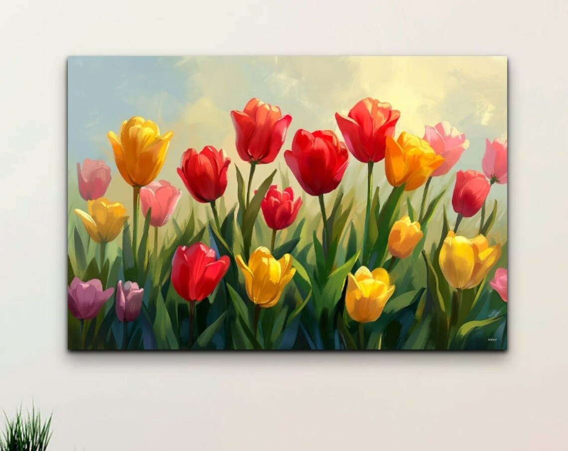 Colorful Tulip Garden Red Yellow Oil Painting Spring Flower Poster