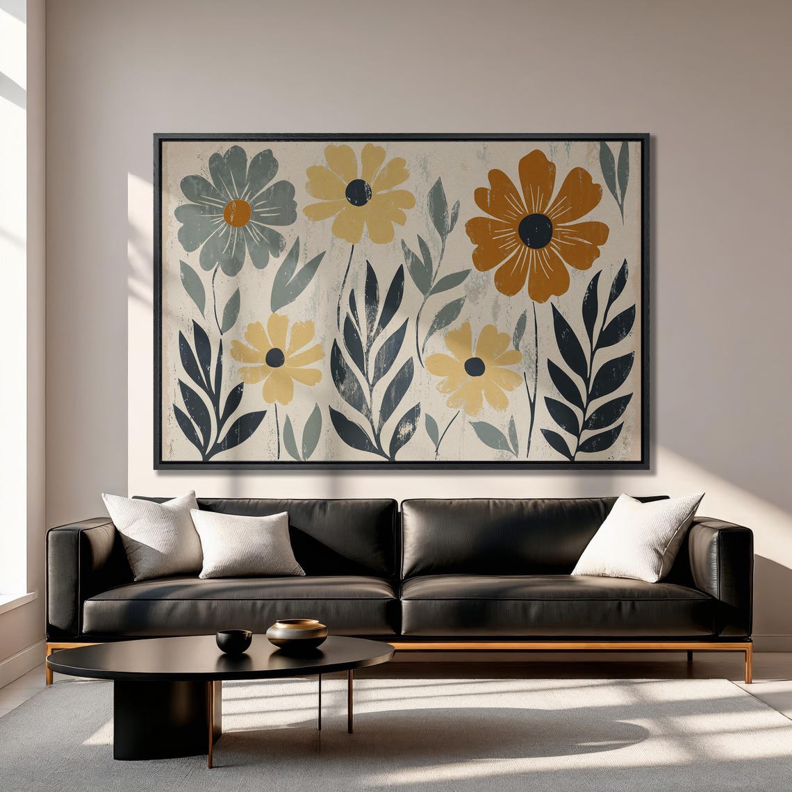 Mid Century Modern Boho Floral Pattern with Mustard Blooms Poster - Image 3