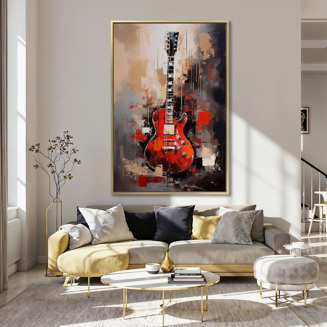 Red Guitar Abstract Music Room Wall Art Print - Image 3