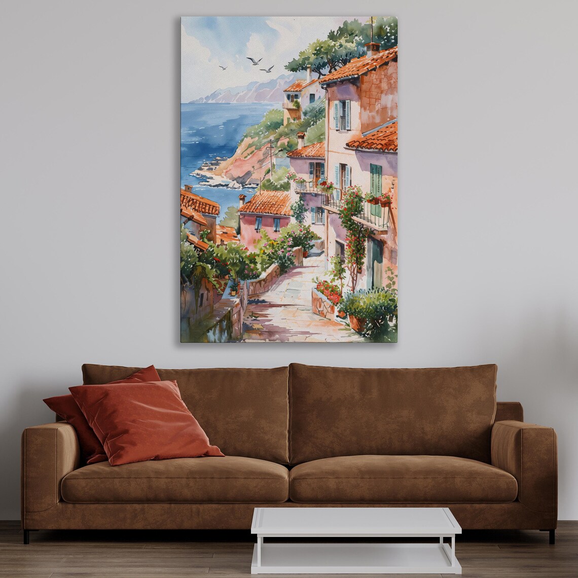 Mediterranean Seaside Village Watercolor With Terracotta Roofs Poster - Image 2