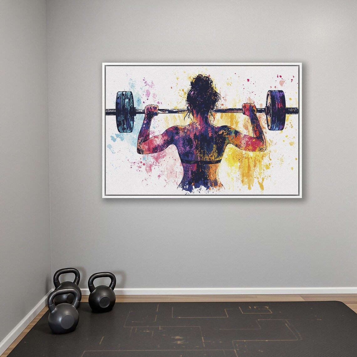 Woman Lifting Barbell Overhead Colorful Watercolor Fitness Art Poster - Image 4