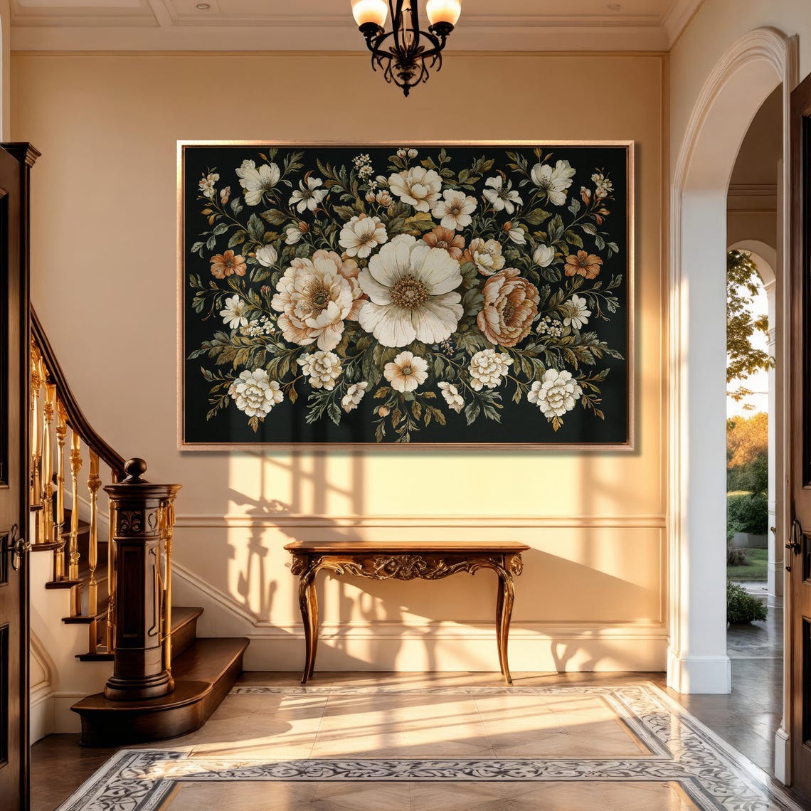 Vintage Cream Peony Bouquet on Black Baroque Floral Art Poster - Image 5