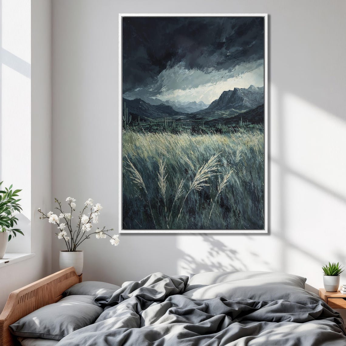 Mountain Landscape Artwork Extra Large Framed Print Stormy Sky And Green Field Scenic Nature Home Wall Decor Ready To Hang - Image 2