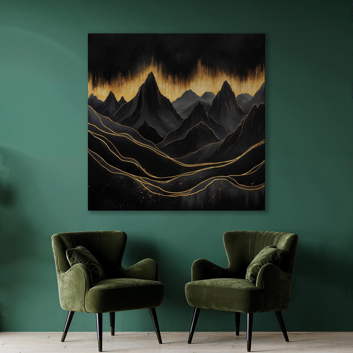 Abstract Mountain Landscape Wall Art Surreal Mountains Painting Print Luxury Wall Decor Black And Gold Scenery Poster Ready To Hang - Image 2