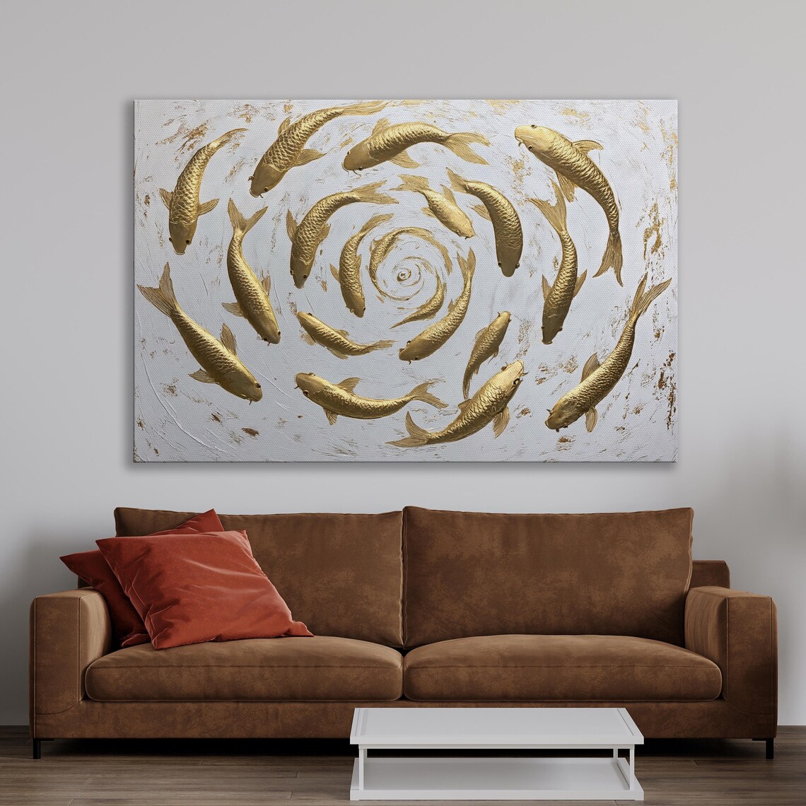 Golden Koi Fish Swimming In A Circular School Painting Poster - Image 3