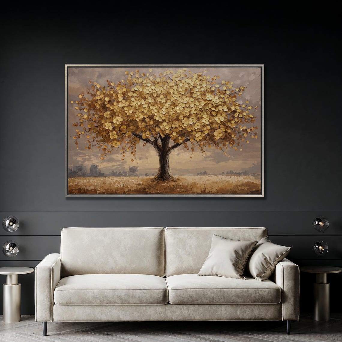 Golden Leaf Tree Standing Alone In A Soft Mist Covered Field Poster - Image 3