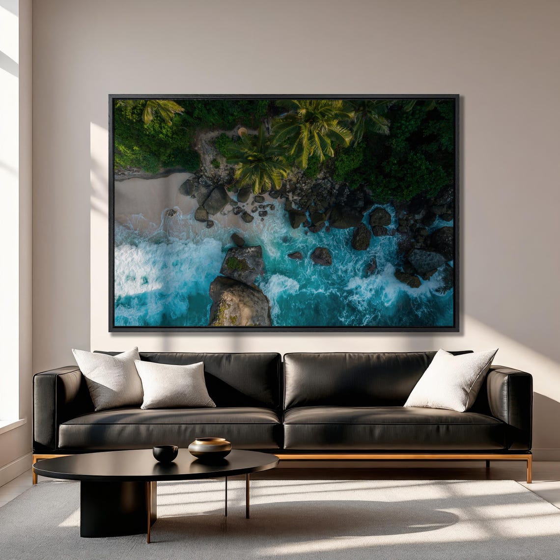 Aerial Drone View Of Rocky Beach Palms And Turquoise Waves Poster - Image 4