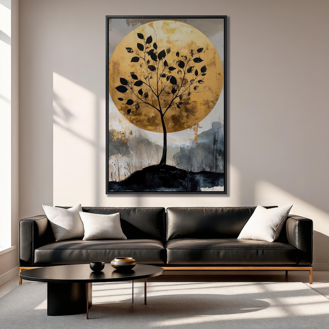 Tree Silhouette Against Golden Moon Abstract Watercolor Night Poster - Image 4
