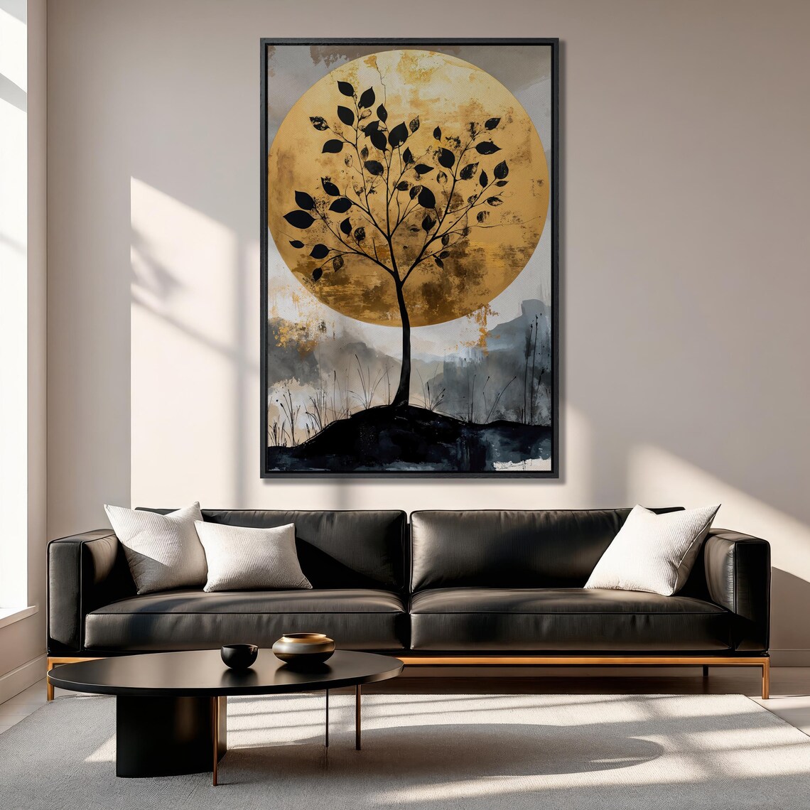 Tree Silhouette Against Golden Moon Wall Art Abstract Nature Painting Print Luxury Wall Decor Modern Landscape Poster Ready To Hang - Image 4