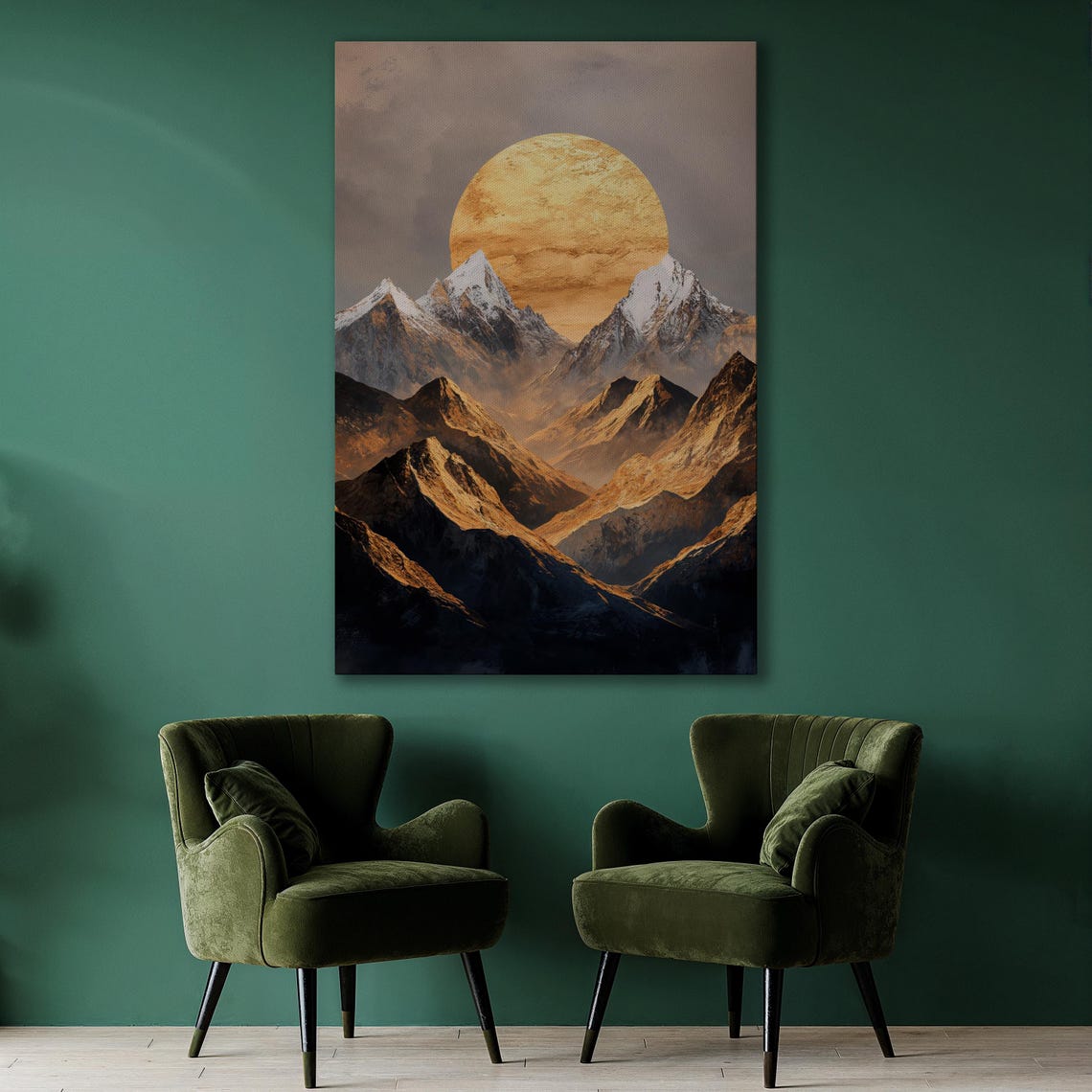 Sunrise Over Mountains Wall Art Snow Capped Peaks And Sun Painting Print Landscape Wall Decor Abstract Mountain Poster Ready To Hang - Image 2
