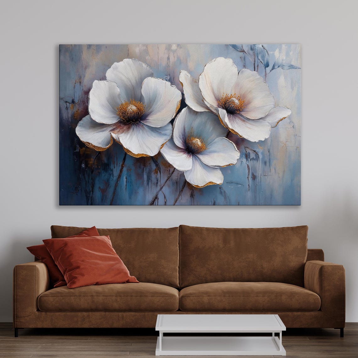 Elegant White Flowers Painting On Deep Blue Abstract Background Poster - Image 3