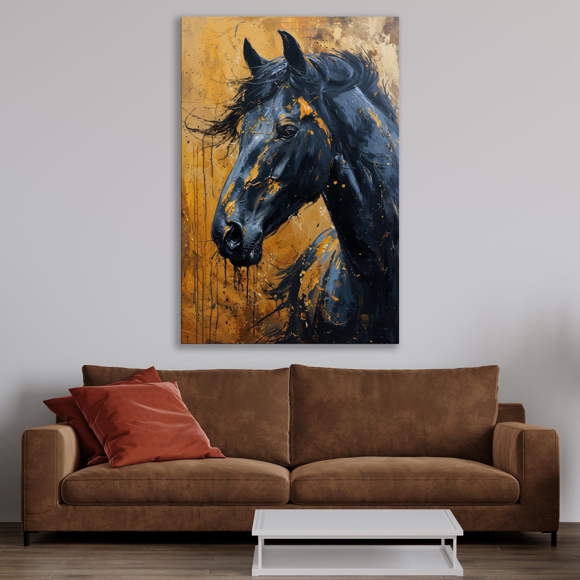Black Horse Head On Golden Splatter Background Expressive Art Poster - Image 3