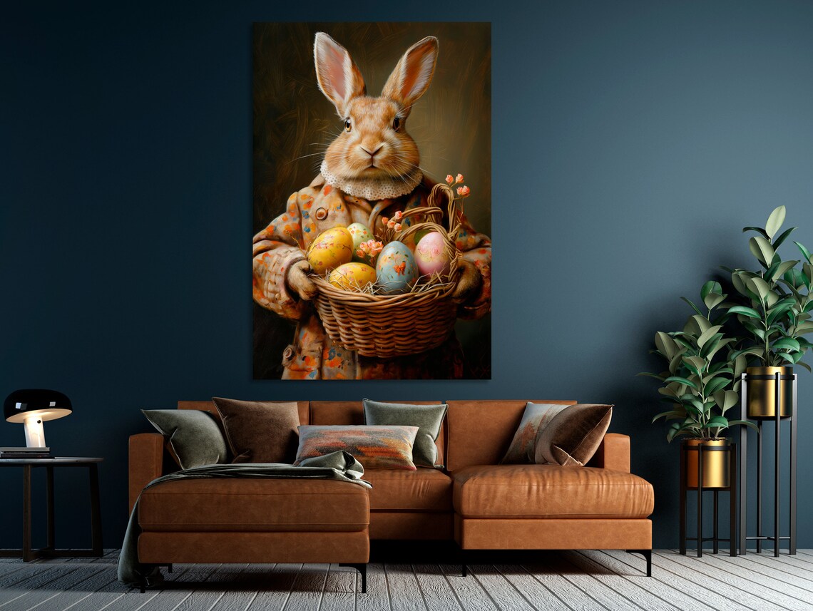 Victorian Bunny In Floral Coat Holding Basket Of Easter Eggs Poster - Image 2