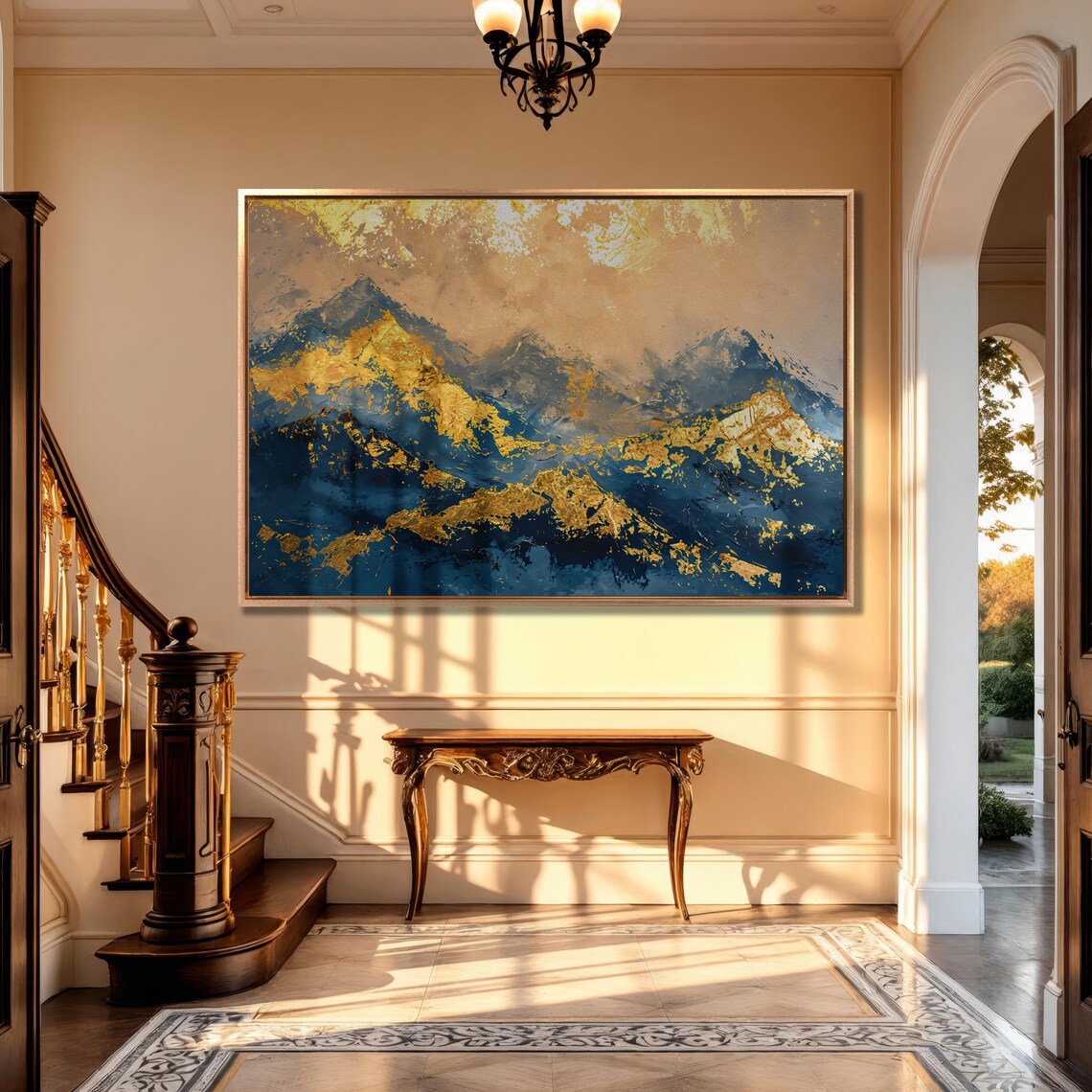 Abstract Mountain Landscape Art Print, Blue and Gold - Image 4