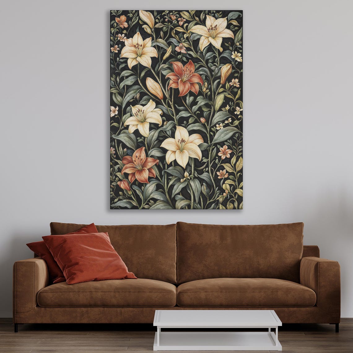 Cream White Lily Stems Climbing Dark Black Botanical Art Print - Image 4