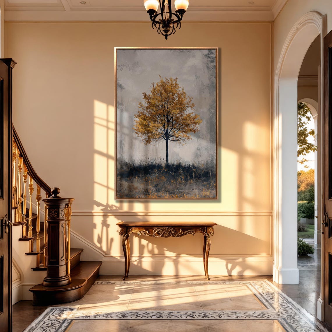 Lone Autumn Tree With Gold Leaves in a Gray Misty Landscape Poster - Image 5