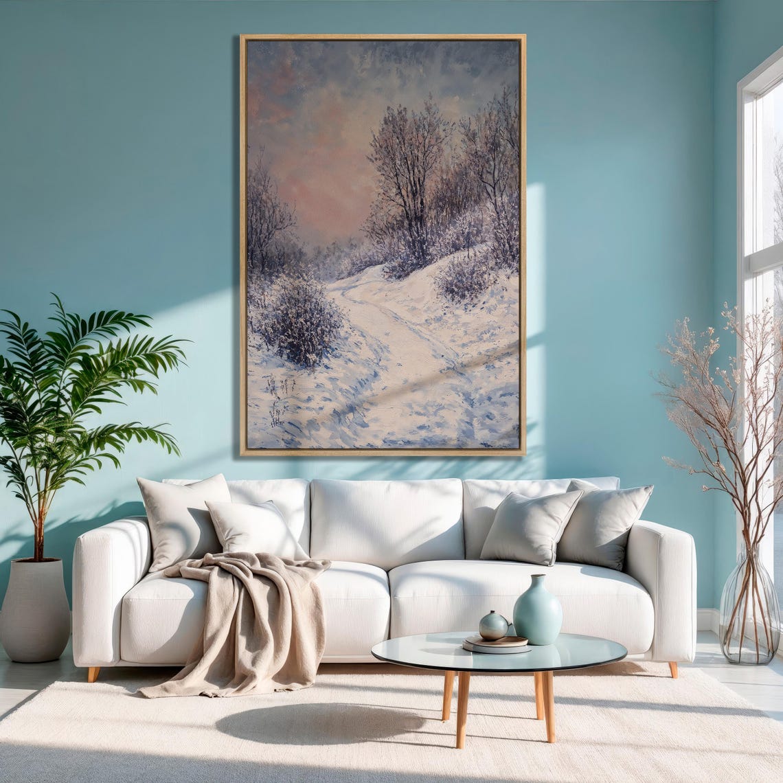 Snowy Forest Path at Dusk Beneath a Pink and Blue Sky Poster - Image 3