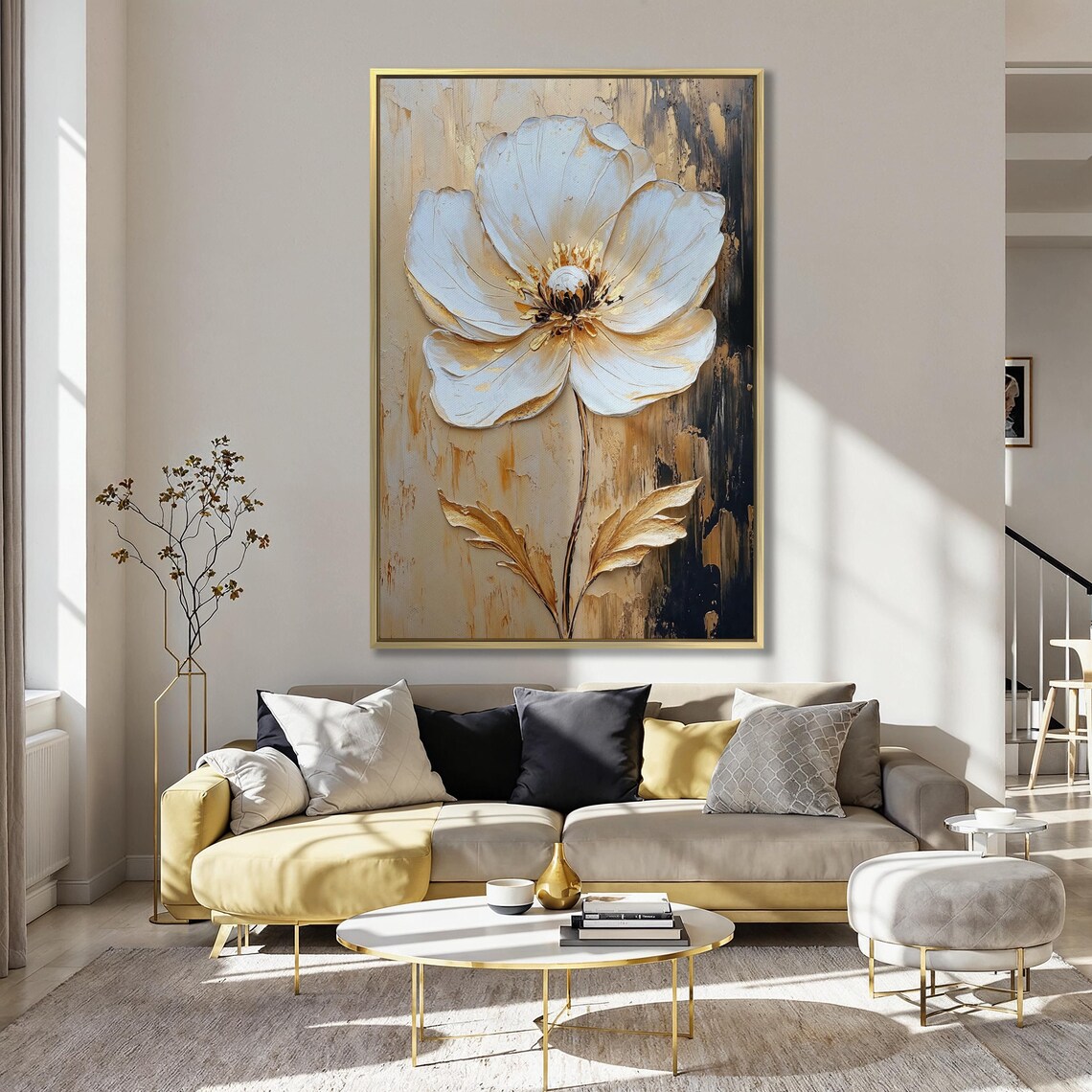 Gold And White Floral Wall Art Abstract Flower Painting Print Luxury Wall Decor Botanical Poster Modern Artwork Ready To Hang Gift - Image 5