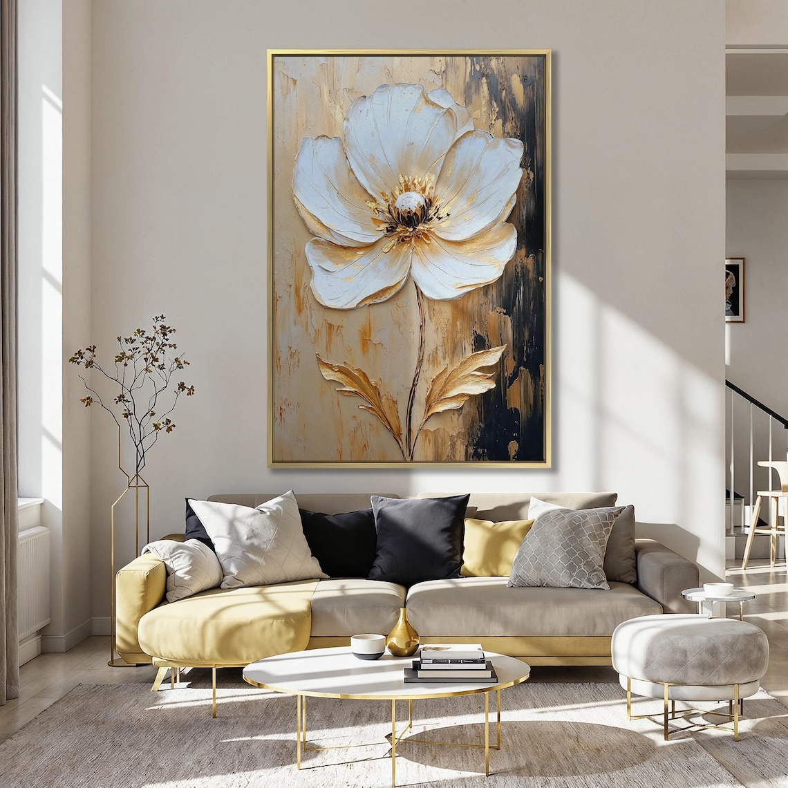 Large White And Gold Textured Floral Bloom Impasto Painting Poster - Image 5