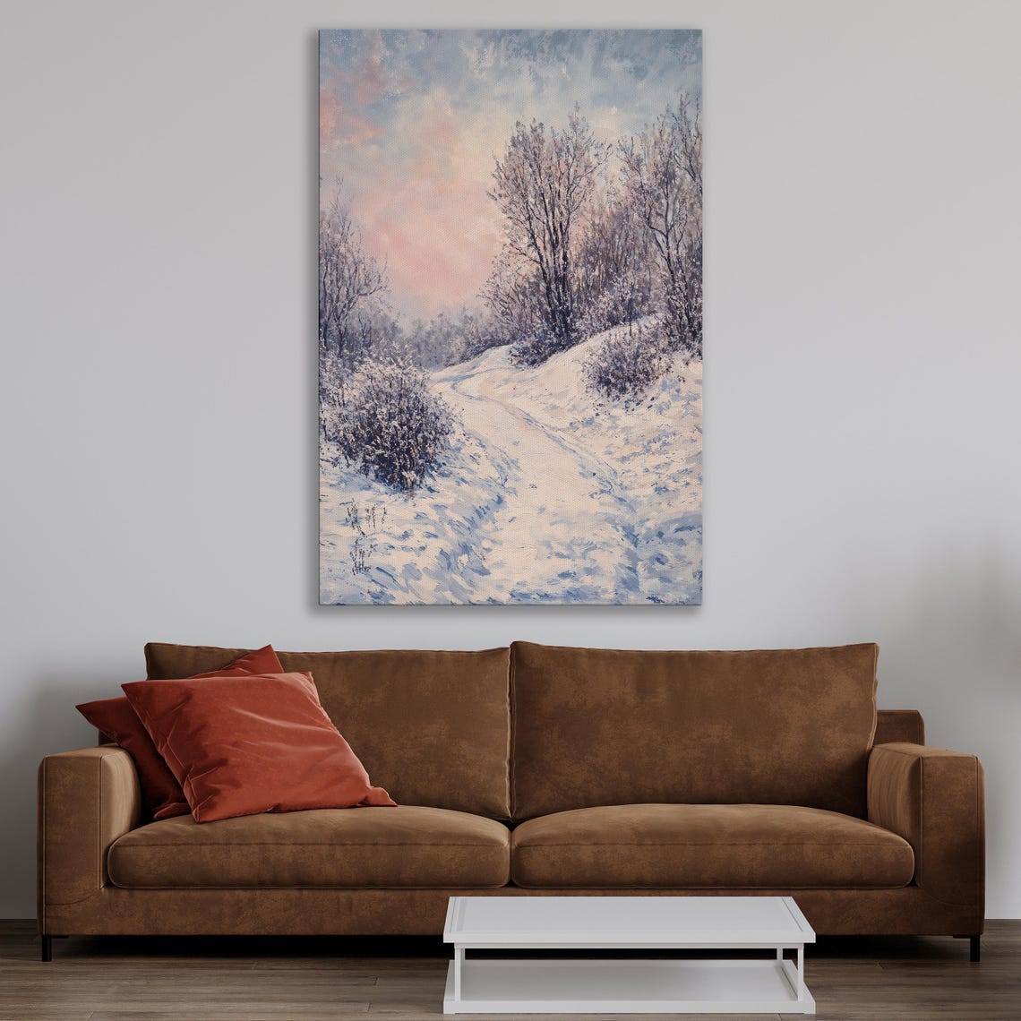 Snowy Forest Path at Dusk Beneath a Pink and Blue Sky Poster - Image 4