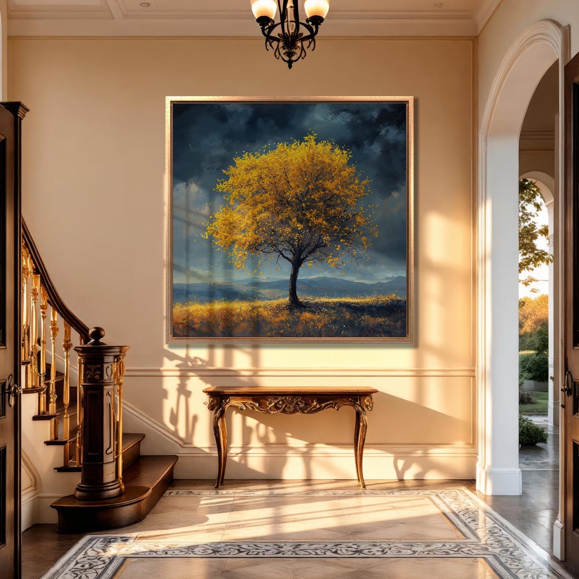 Yellow Tree Under a Dramatic Stormy Sky in a Meadow Landscape Poster - Image 5